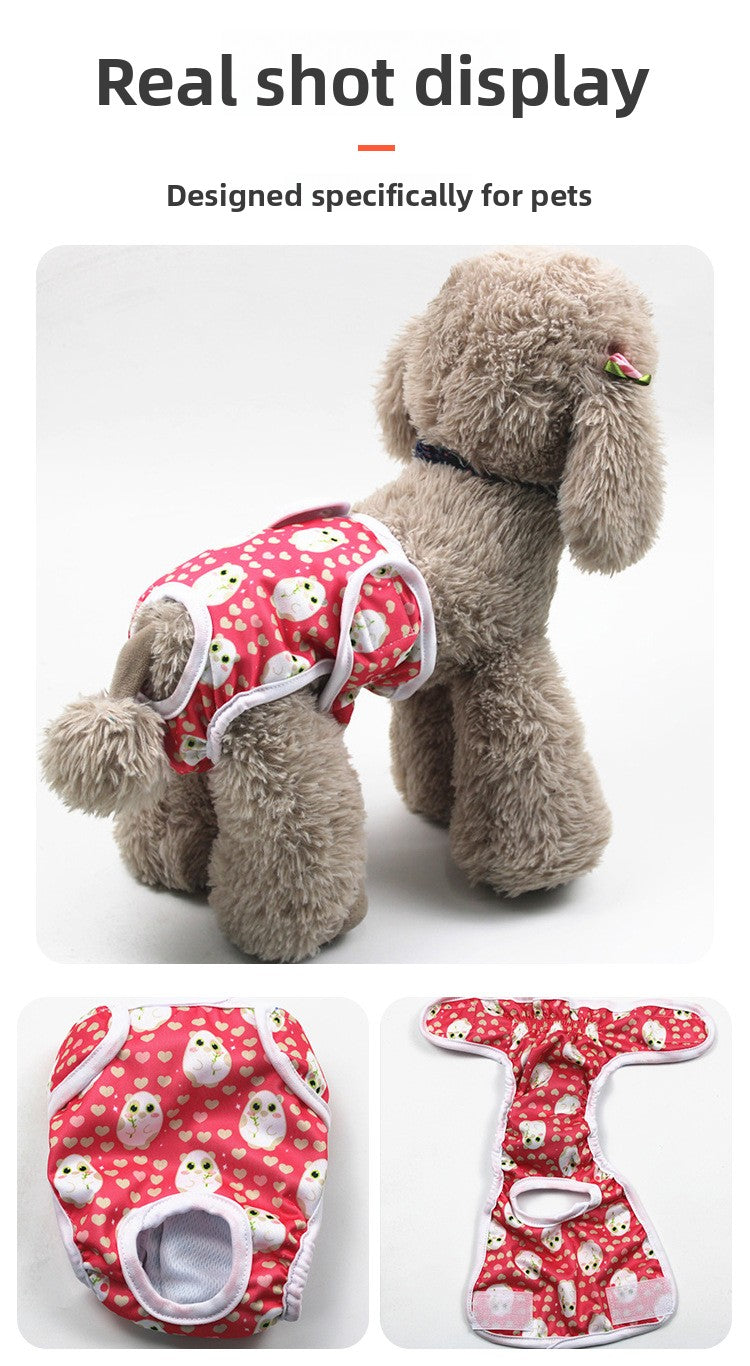 A pet garment shown on a small gray dog, with two additional flat views of the same product below. The product is a red patterned pet clothing set with white and pink details, and text at the top reads 'Real shot display' and 'Designed specifically for pets.