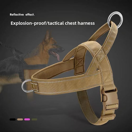 Tan explosion-proof/tactical chest harness with reflective effect on a dark background
