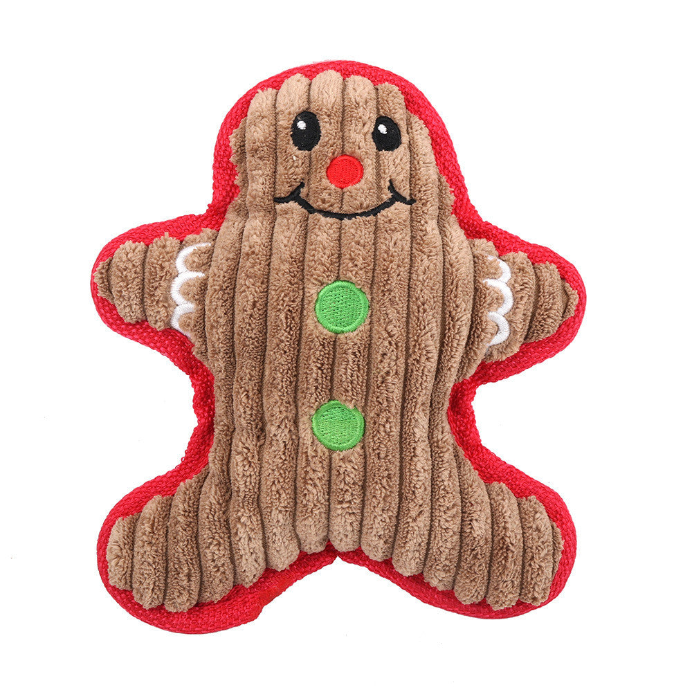 Gingerbread man-shaped plush toy with a red border on a white background