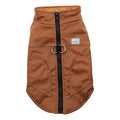 Brown dog coat with a black zipper on a white background