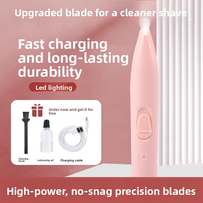 Pink electric razor with text highlighting features on a pink background