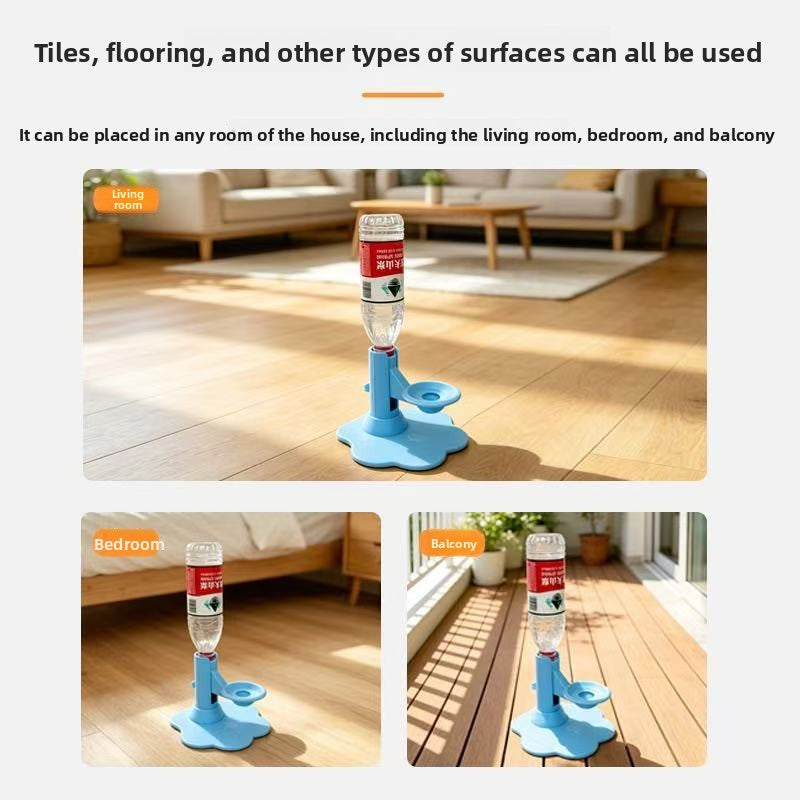 A blue pet water fountain with a clear plastic water bottle attached, shown in three room settings: a living room, a bedroom, and a balcony. Text at the top explains that tiles, flooring, and other surfaces can all be used, with the product shown in each scene on wood floors.