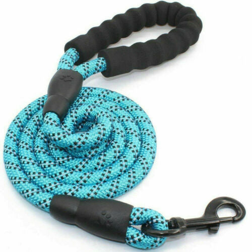 Blue braided dog leash with black handles on a white background