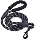 Black and white braided dog leash with a clip on a white background