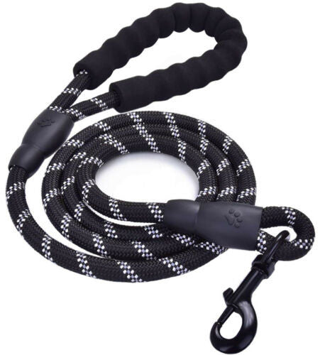 Black and white braided dog leash with a clip on a white background