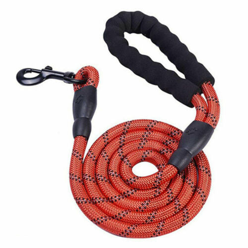 Red dog leash with black handles on a white background