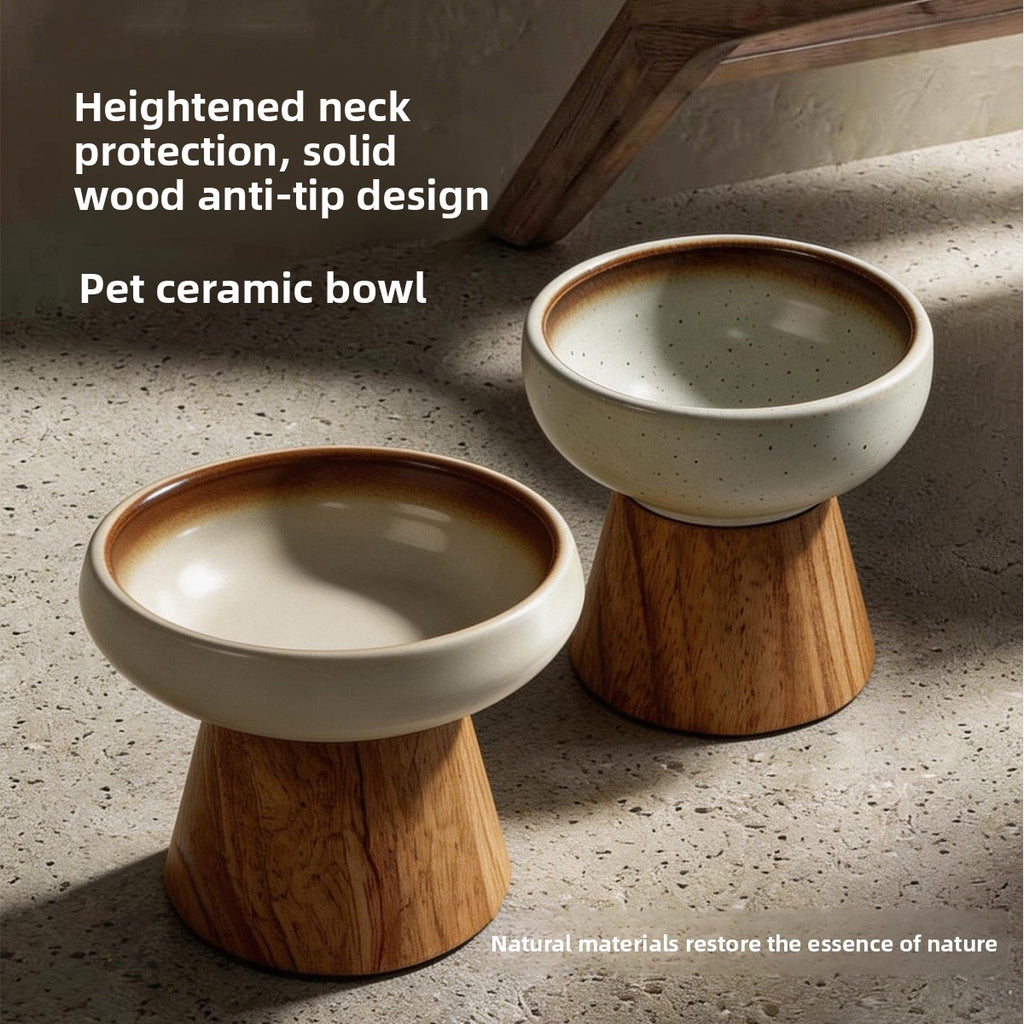 Elevated Ceramic Pet Feeding Bowl with Wooden Stand