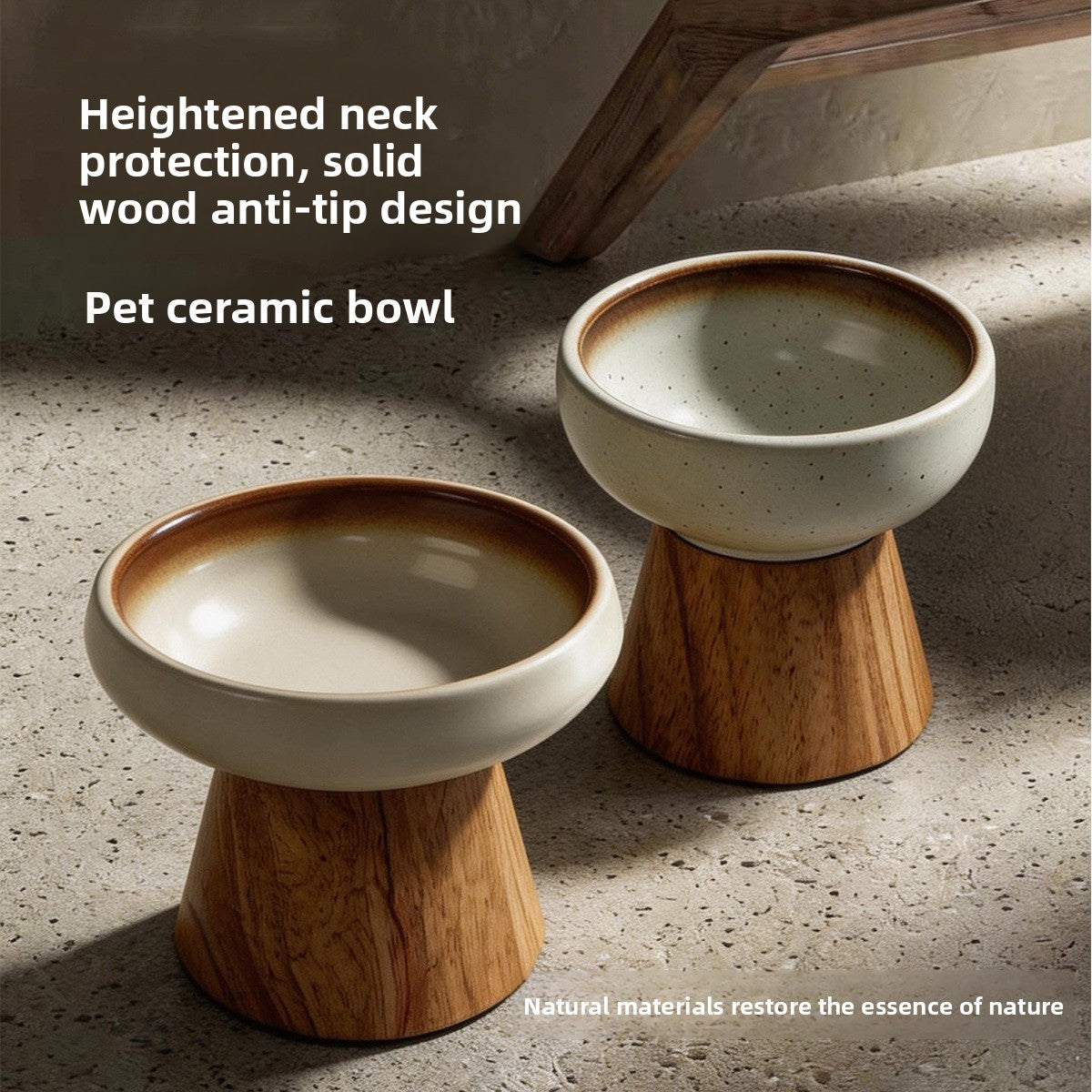 Elevated Ceramic Pet Feeding Bowl with Wooden Stand