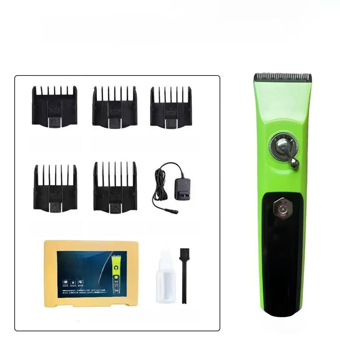 A green and black cordless hair trimmer shown next to its accessories, including four black guide combs, a power adapter, a cleaning brush, a small bottle, and a yellow storage case, all on a white background.