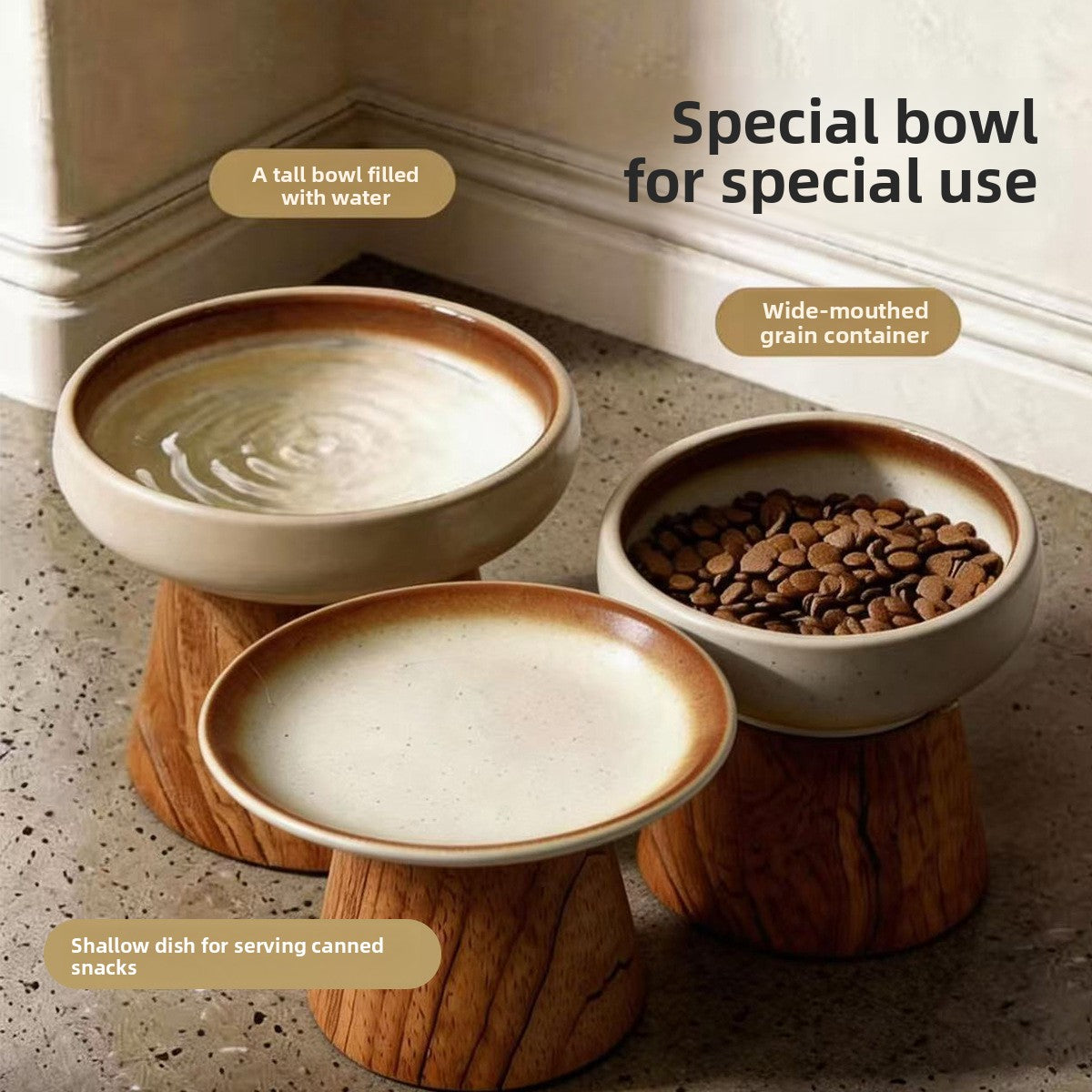 Elevated Ceramic Pet Feeding Bowl with Wooden Stand