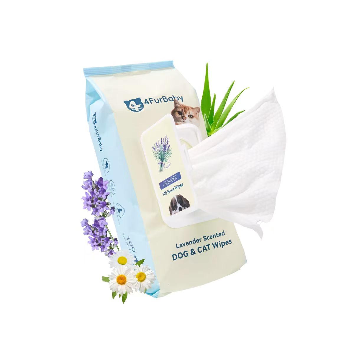 A package of AFurBaby lavender-scented dog and cat wipes, shown with a white wipe pulled out from the bag and decorative flowers, green leaves, and a cat printed on the packaging against a white background.