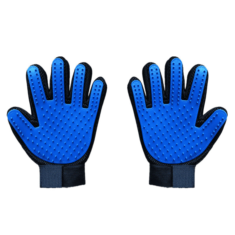 Pair of blue grooming gloves with black accents on a white background