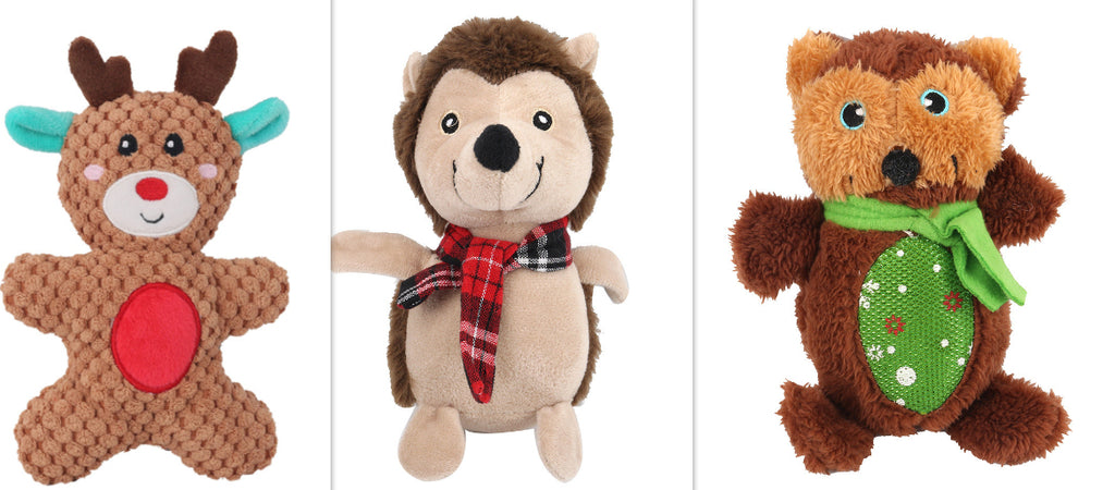 Three plush toys shaped like a reindeer, hedgehog, and bear with scarves on a white background