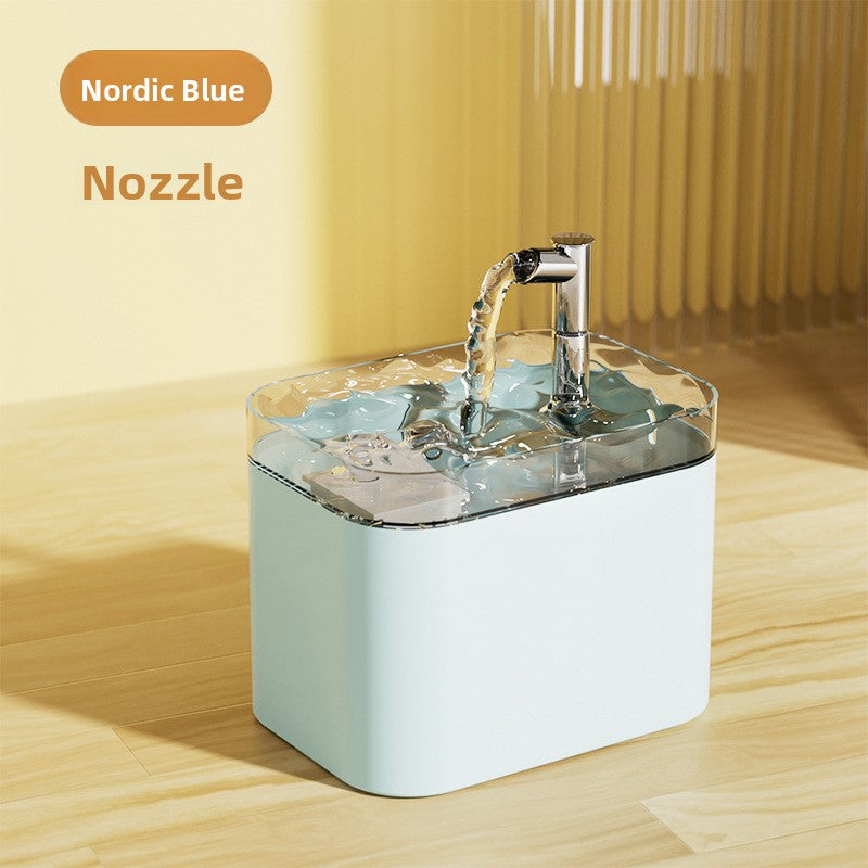 Pet water fountain with Nordic blue nozzle on a wooden floor