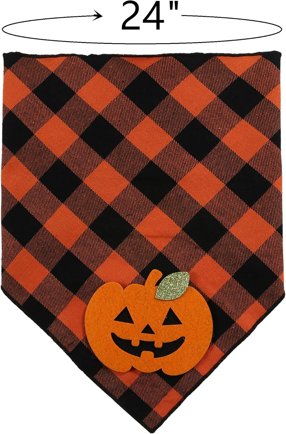 Halloween-themed bandana with a jack-o'-lantern design on a black and orange checkered background, measuring 24 inches.