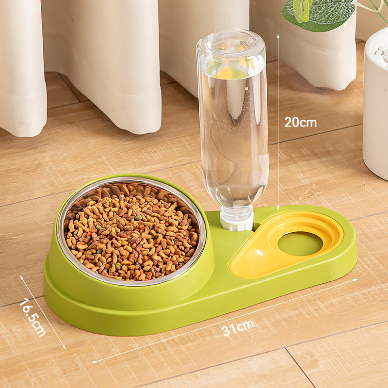 Green pet feeding and water station with measurements on a wooden floor.