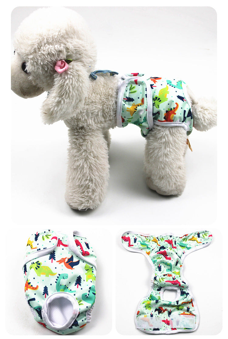Dog toy with colorful dinosaur pattern on a white background