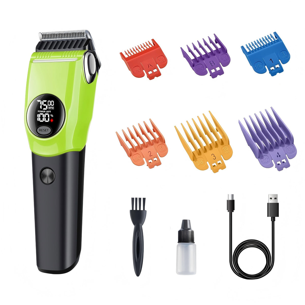 Hair trimmer set with green and black trimmer, colorful attachments, and charging cable on a white background.