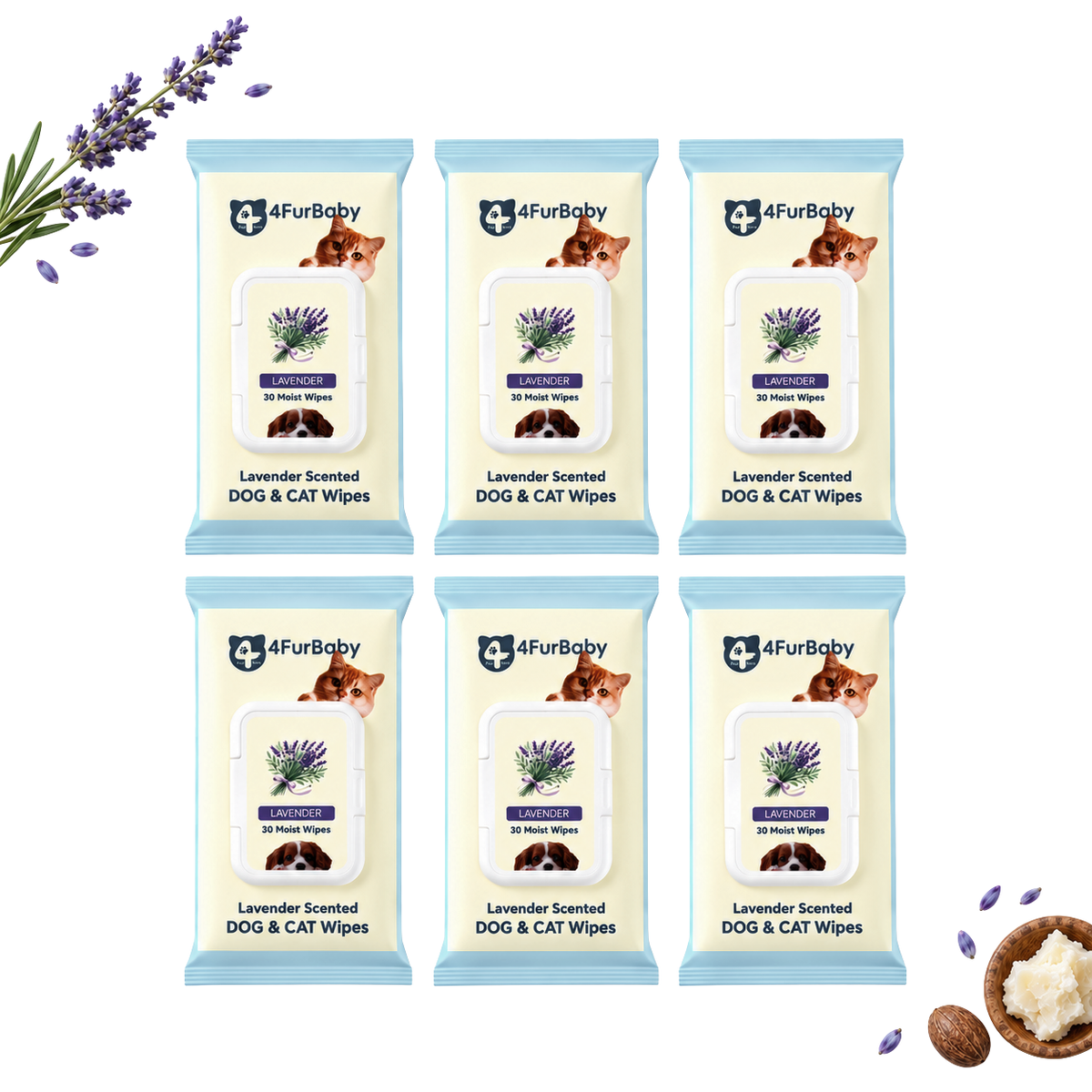 Six packs of 4FurBaby Lavender Scented Dog & Cat Wipes arranged in a 2x3 grid on a white background, with lavender sprigs and a small bowl of treats styled around the products.