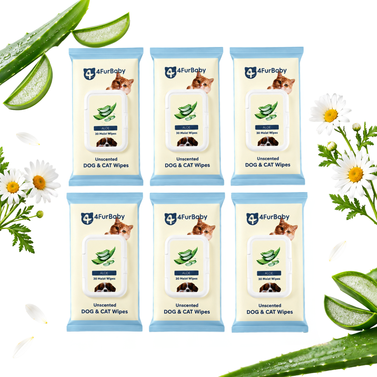 Six packs of 4FurBaby Unpleasant Dog & Cat Wipes arranged in a 2x3 grid on a white background, surrounded by decorative aloe vera slices and white daisies. The packs are cream-colored with light blue borders and feature illustrations of a cat and dog.