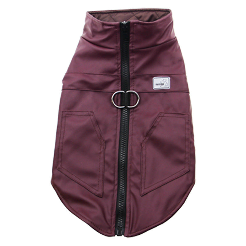 Maroon dog vest with a zipper on a white background