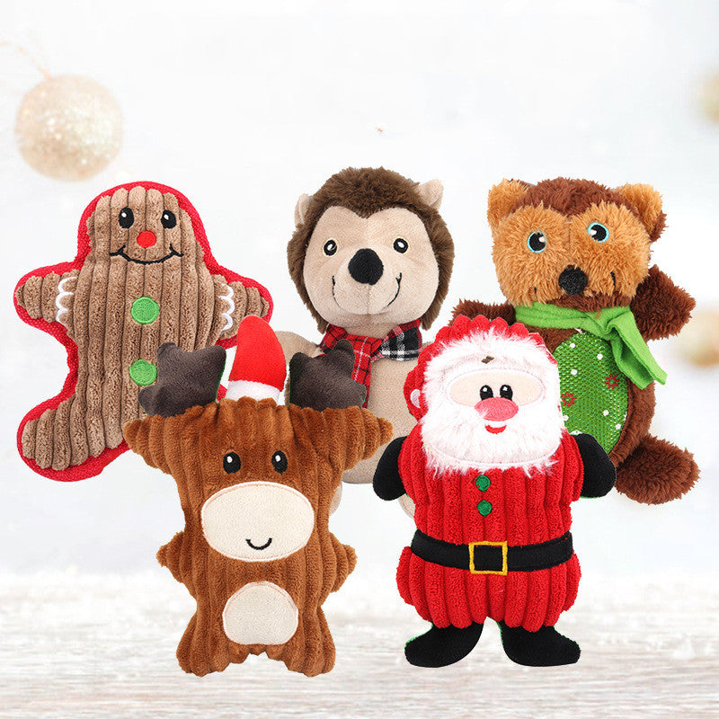 Set of Christmas-themed plush toys including a gingerbread man, reindeer, bear, and Santa Claus on a white background.