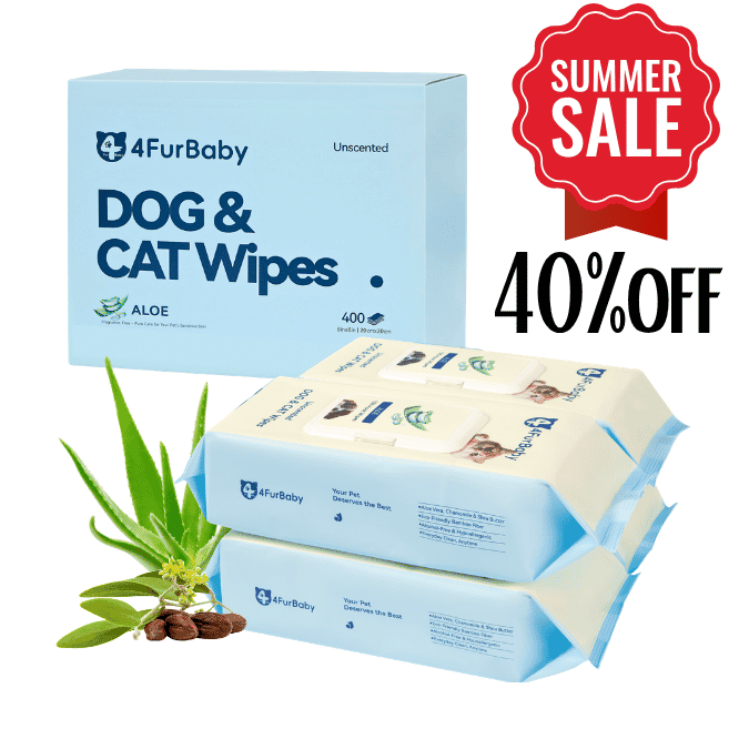 4FurBaby Dog & Cat Wipes packaging shown with two packs of wipes, a box, a red 'SUMMER SALE' badge, and '40% OFF' text on a white background, plus a small aloe plant and coffee bean prop.
