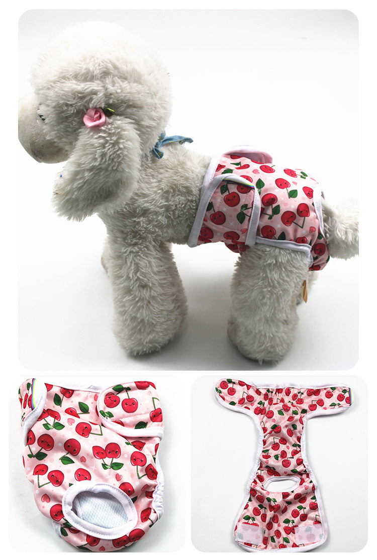 Stuffed toy dog wearing a red and white patterned diaper on a white background