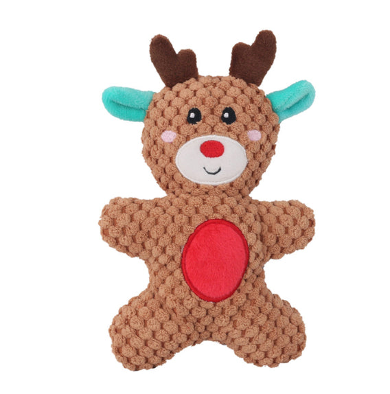 Knitted reindeer toy with brown body, red nose, and green antlers on a white background