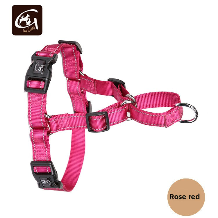 A pink nylon pet harness with black plastic buckles and metal rings, shown on a white background with a brand logo in the top-left corner and a color label reading 'Rose red' in the bottom-right.