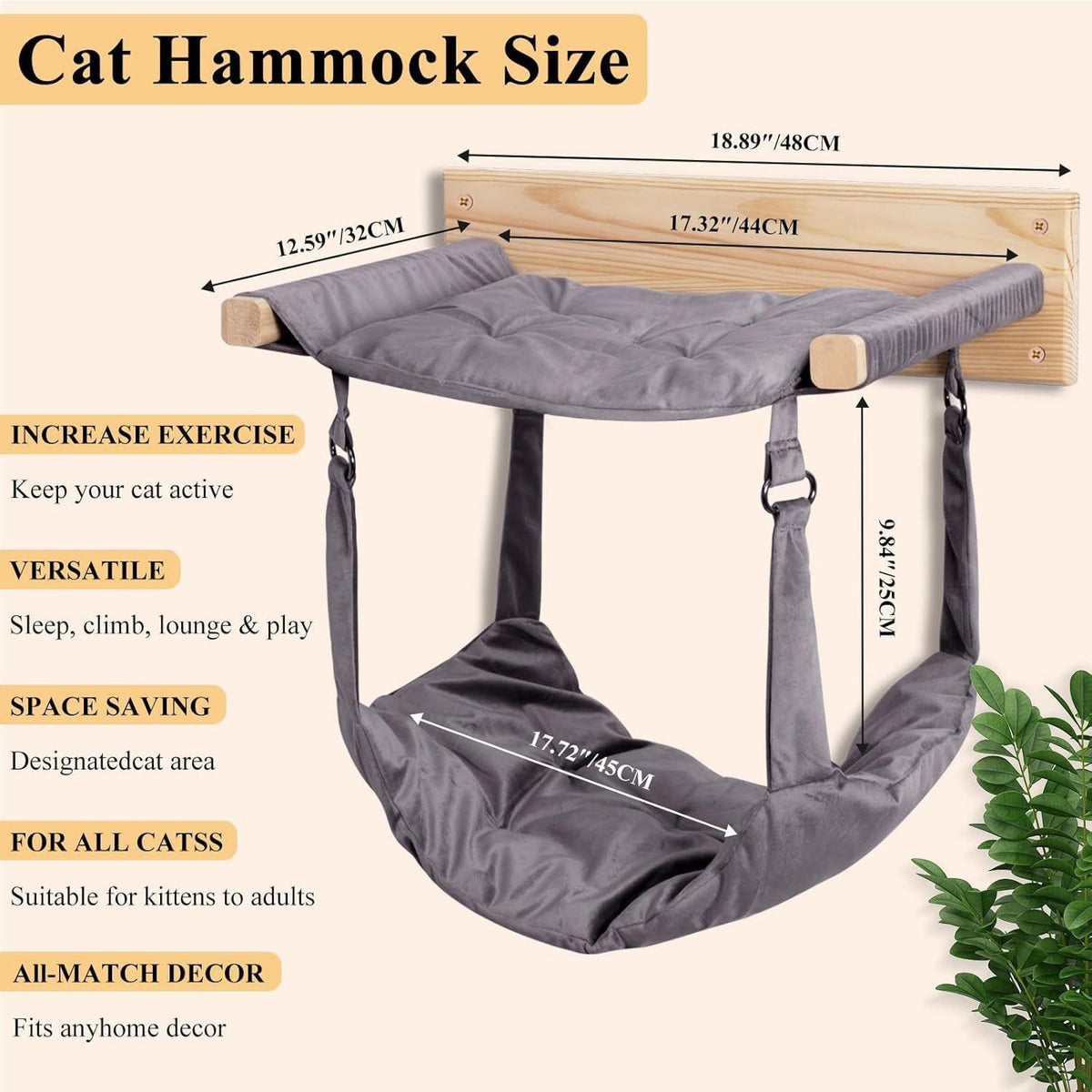 Cat hammock with dimensions and features on a light background