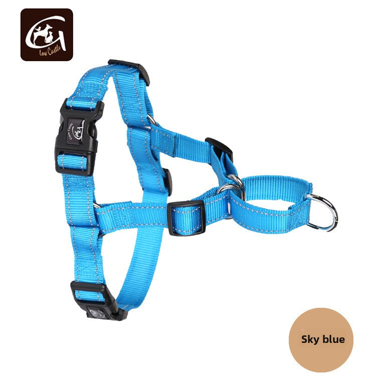 A bright sky blue dog harness with black plastic buckles and a silver metal ring, shown on a white background with a brand logo in the top-left corner and a 'Sky blue' color swatch in the bottom-right.