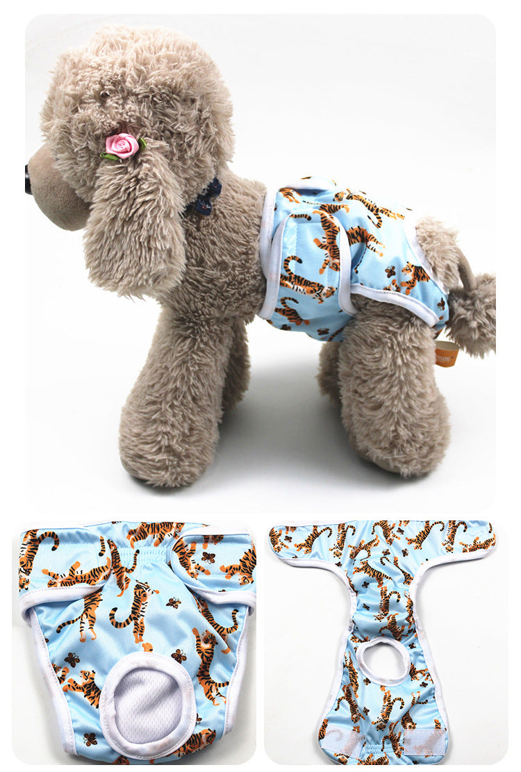 Plush dog toy with a patterned diaper on a white background