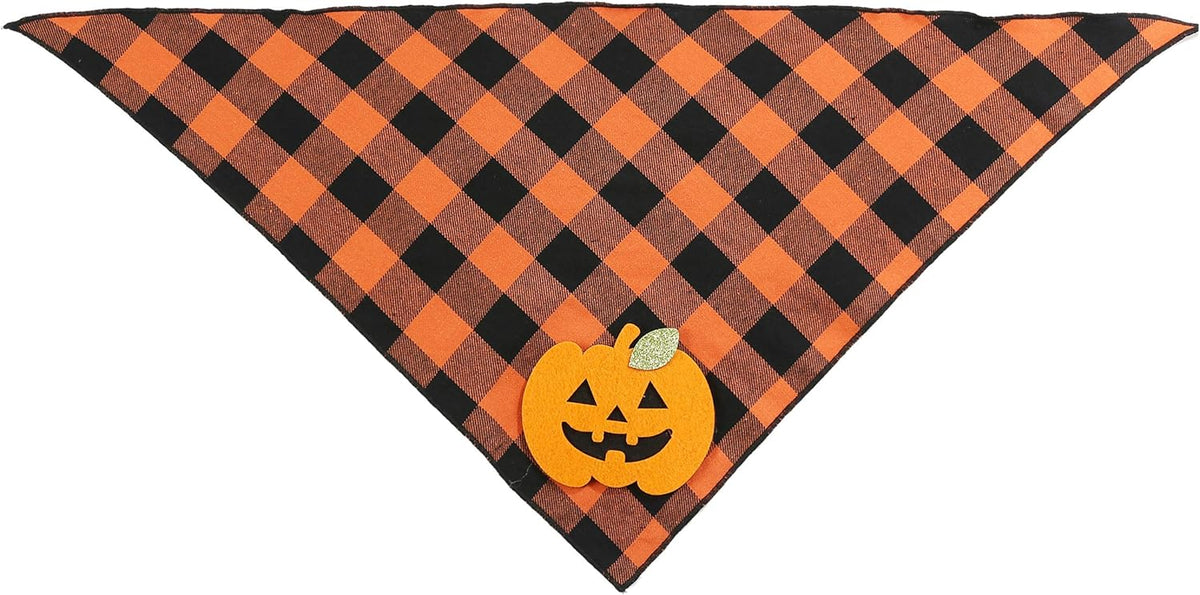 Halloween-themed checkered bandana with a pumpkin design on a white background