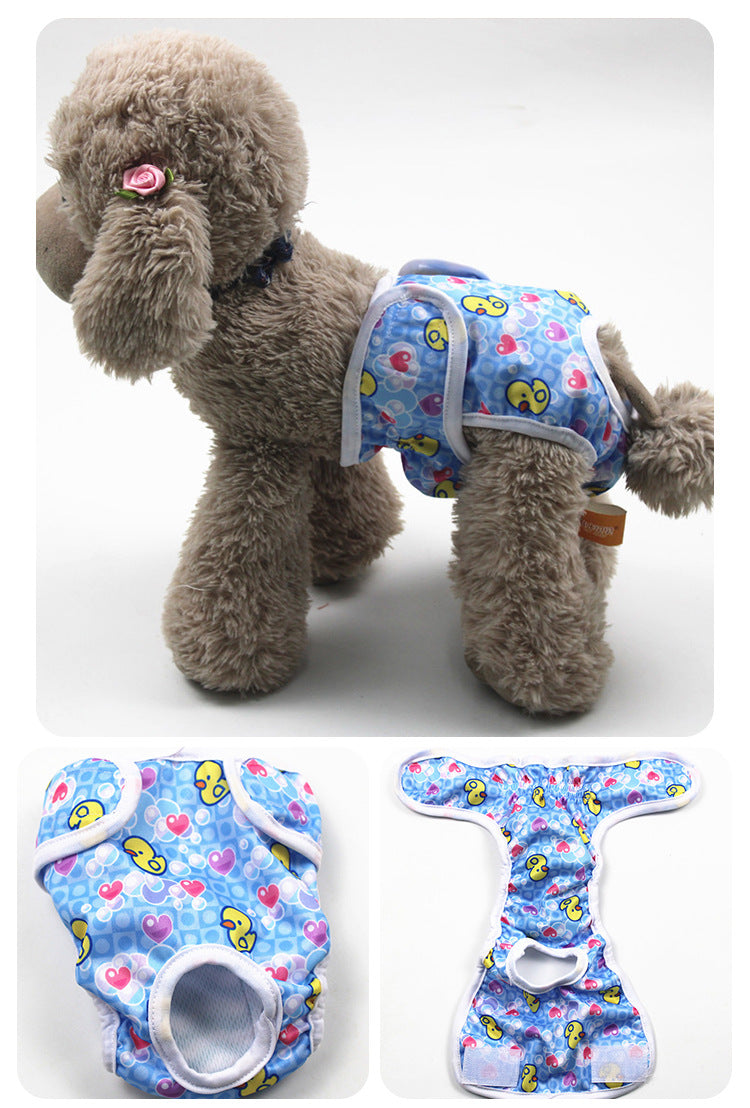 Dog wearing a colorful diaper with additional diapers displayed below on a white background