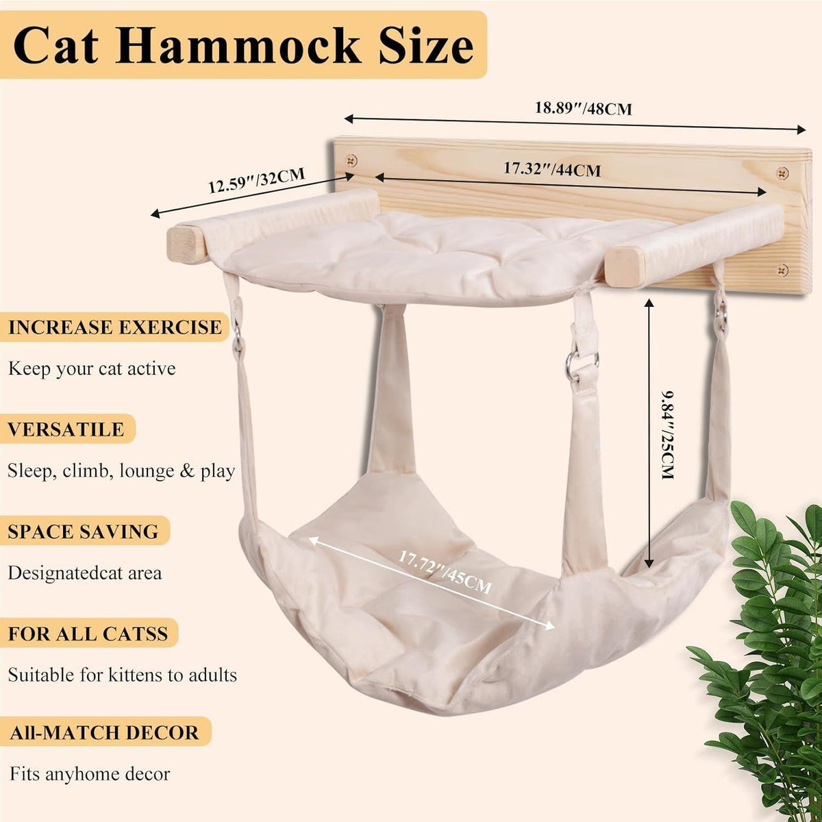 Cat hammock with dimensions and features on a white background