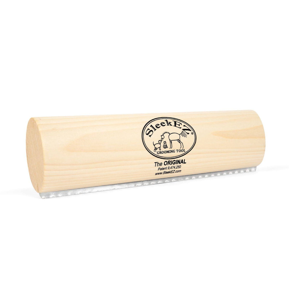 Wooden grooming tool with 'SleekEZ' branding on a white background