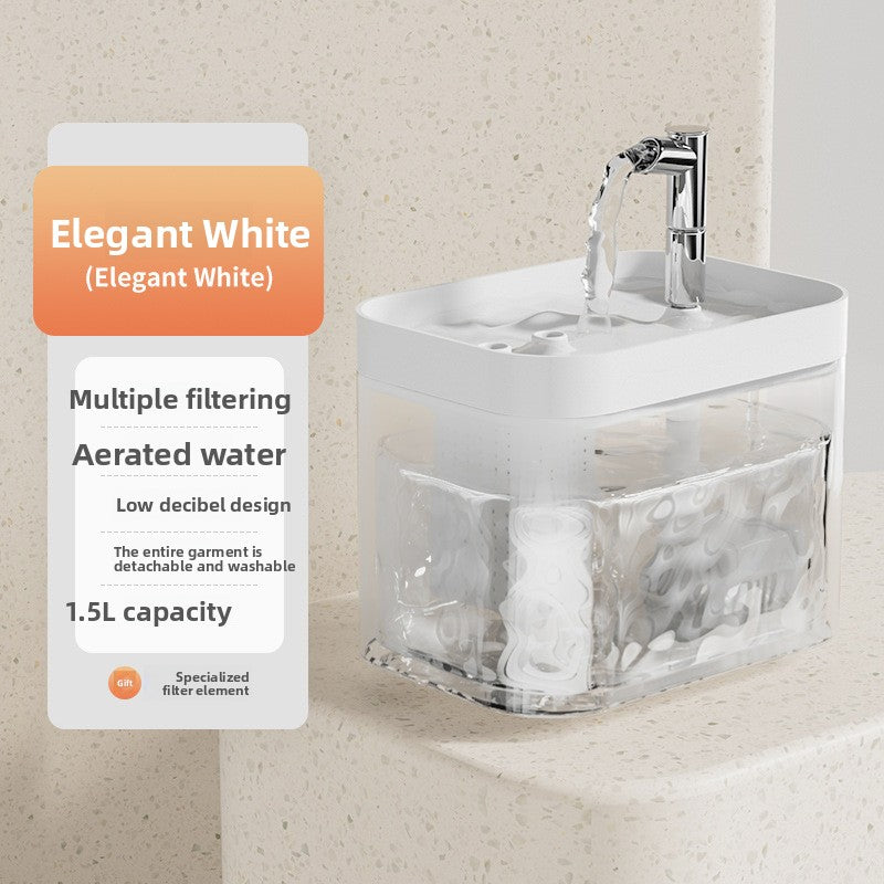 A countertop water filter pitcher in elegant white, shown with water flowing from a faucet into a clear lower chamber. A text panel on the left reads 'Elegant White (Elegant White)' and lists features like multiple filtering, aerated water, low decibel design, 1.