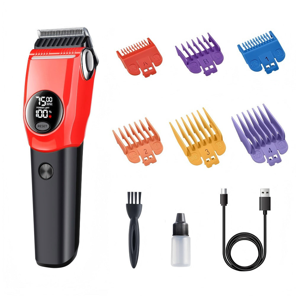 Red and black hair trimmer with colorful attachments on a white background