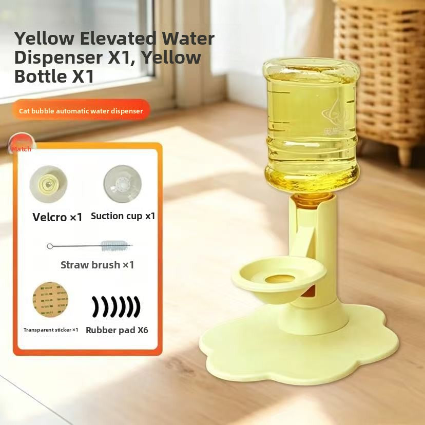 Yellow elevated water dispenser for cats, shown on a light wood floor with a water bottle attached. An inset card lists included accessories such as Velcro, suction cup, straw brush, and rubber pads.