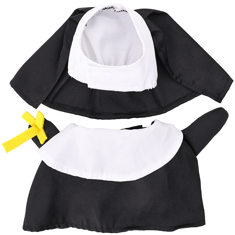 Black and white costume with yellow cross on a white background