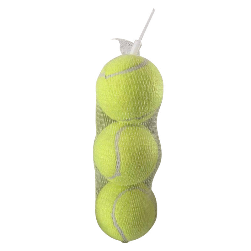 Three yellow tennis balls inside a white mesh hanging bag with a white plastic top, isolated on a white background.