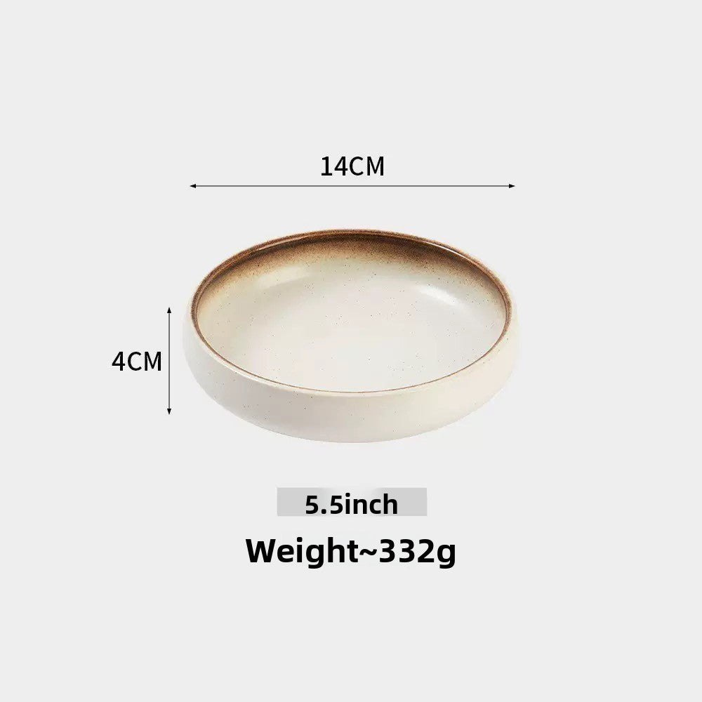A shallow round ceramic plate shown on a light gray background with overlaid dimension lines and text indicating 14 cm width, 4 cm depth, 5.5 inch size, and weight approximately 332 g.