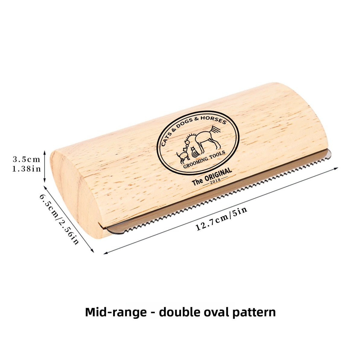 Wooden grooming tool with measurements and branding on a white background