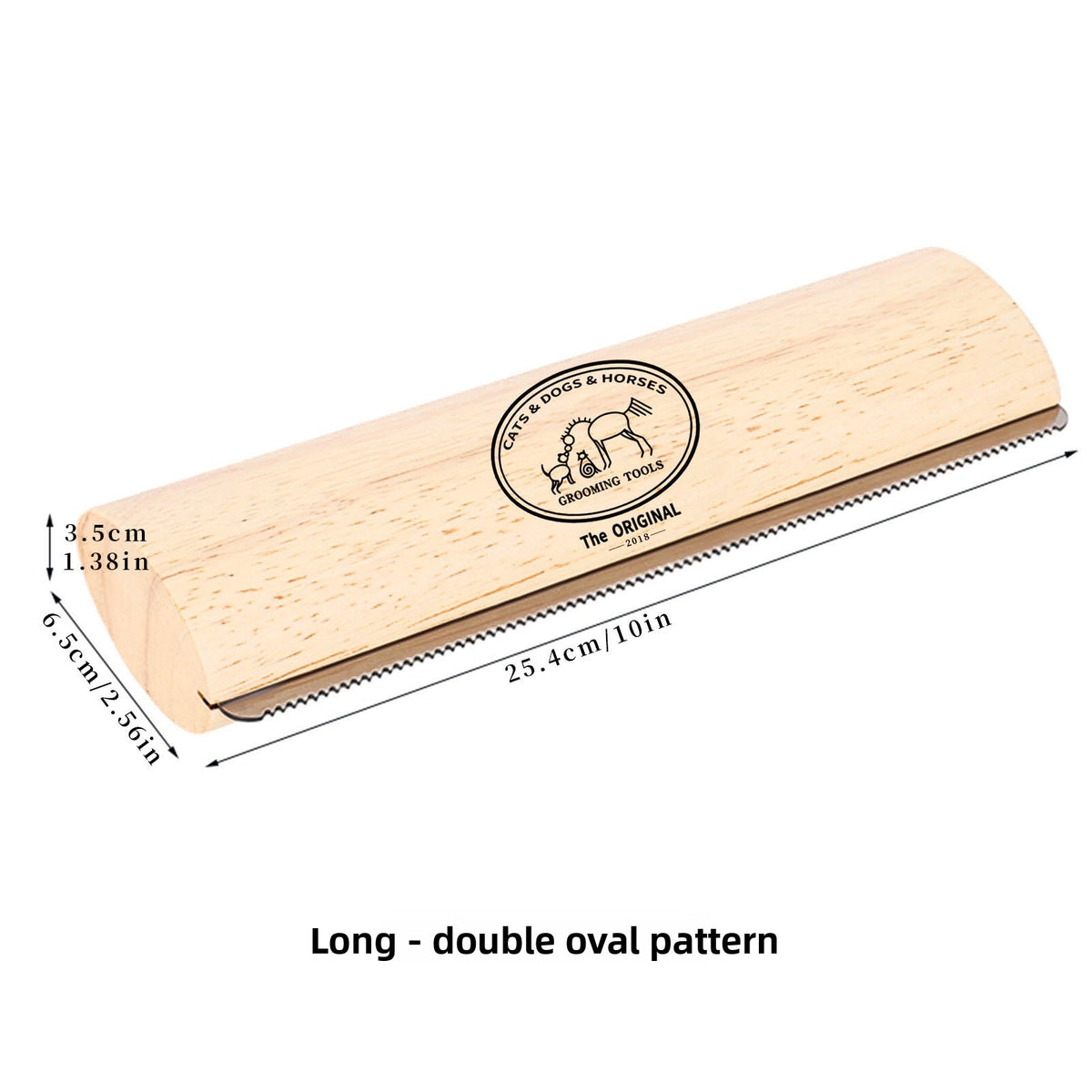 Wooden grooming tool with measurements and brand logo on a white background