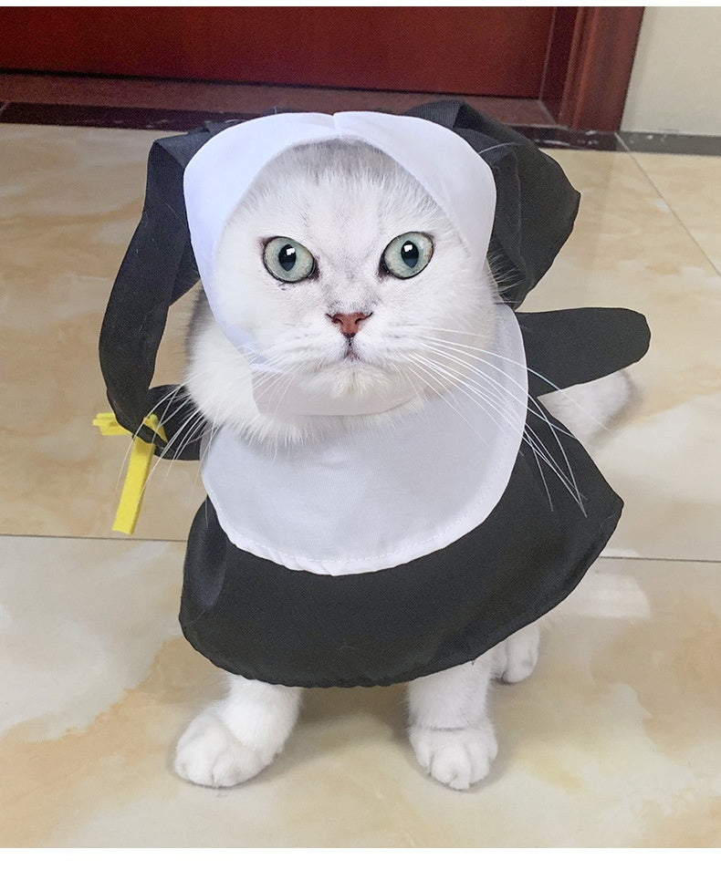 Cat wearing a nun costume on a tiled floor