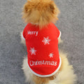 Dog wearing a red 'Merry Christmas' sweater with snowflakes on a gray background