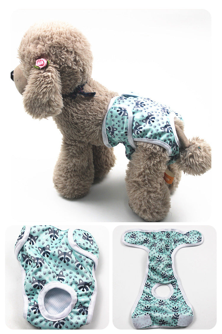 Dog wearing a floral-patterned diaper with two additional diapers displayed below on a white background.