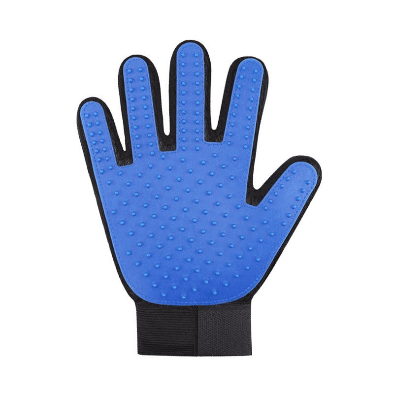 Blue grooming glove with textured surface on a white background