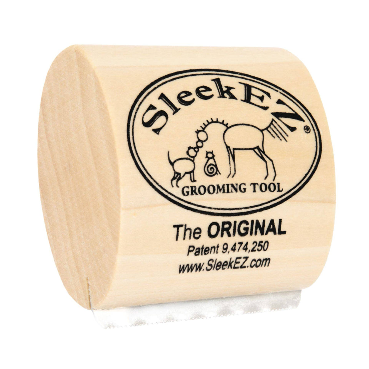 Wooden grooming tool with 'SleekEZ' branding on a white background